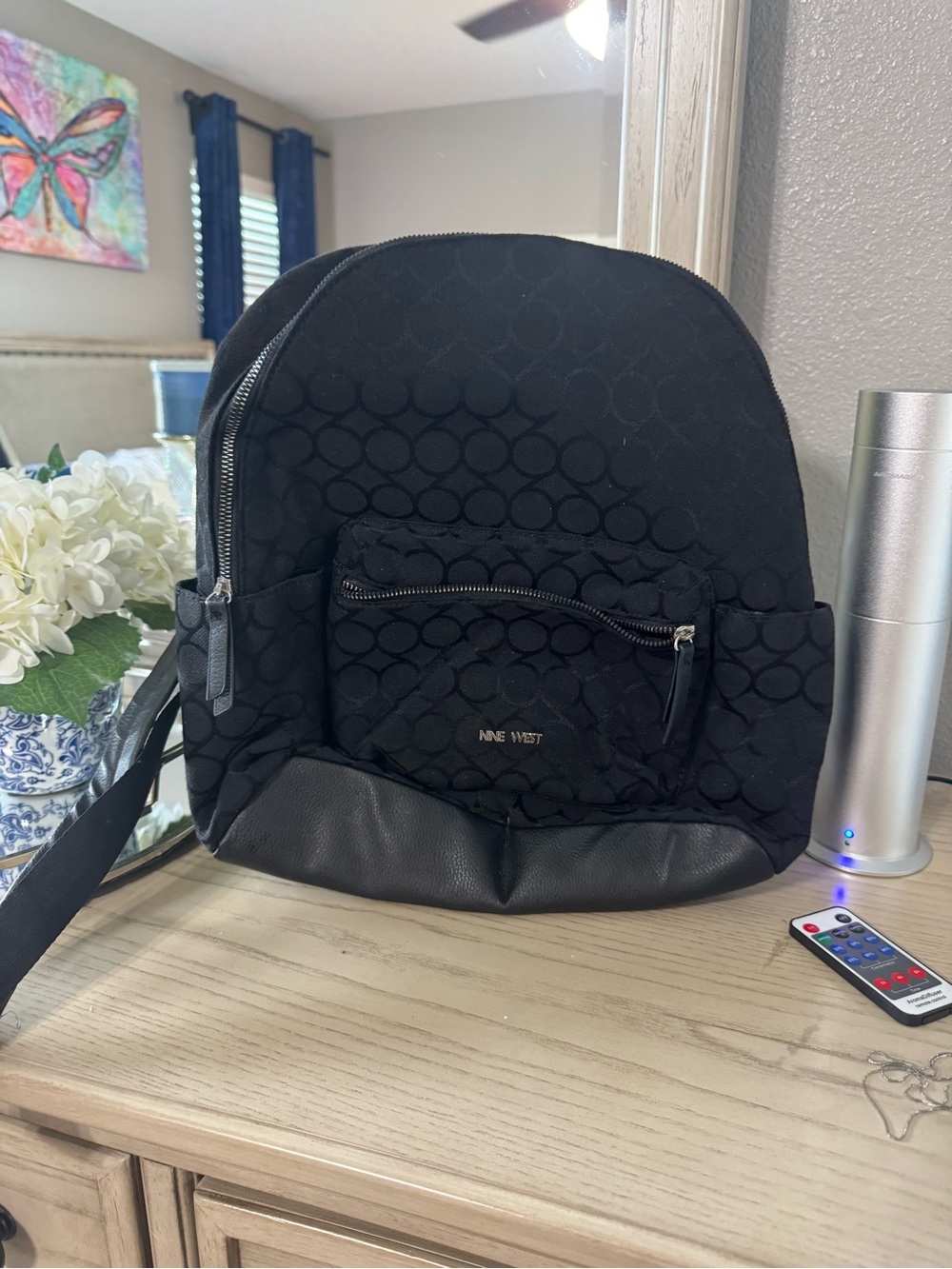 Nine West Black Quilted Mini Backpack with Front Zip Pocket